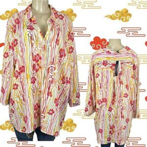 Cathy +3X Red Multi Floral Striped Split Neck Collar Linen Blend 3/4 Sleeve Top